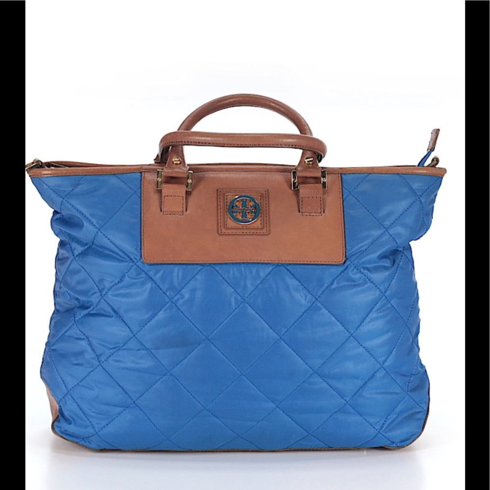 Blue and Brown Quilted Tote Bag